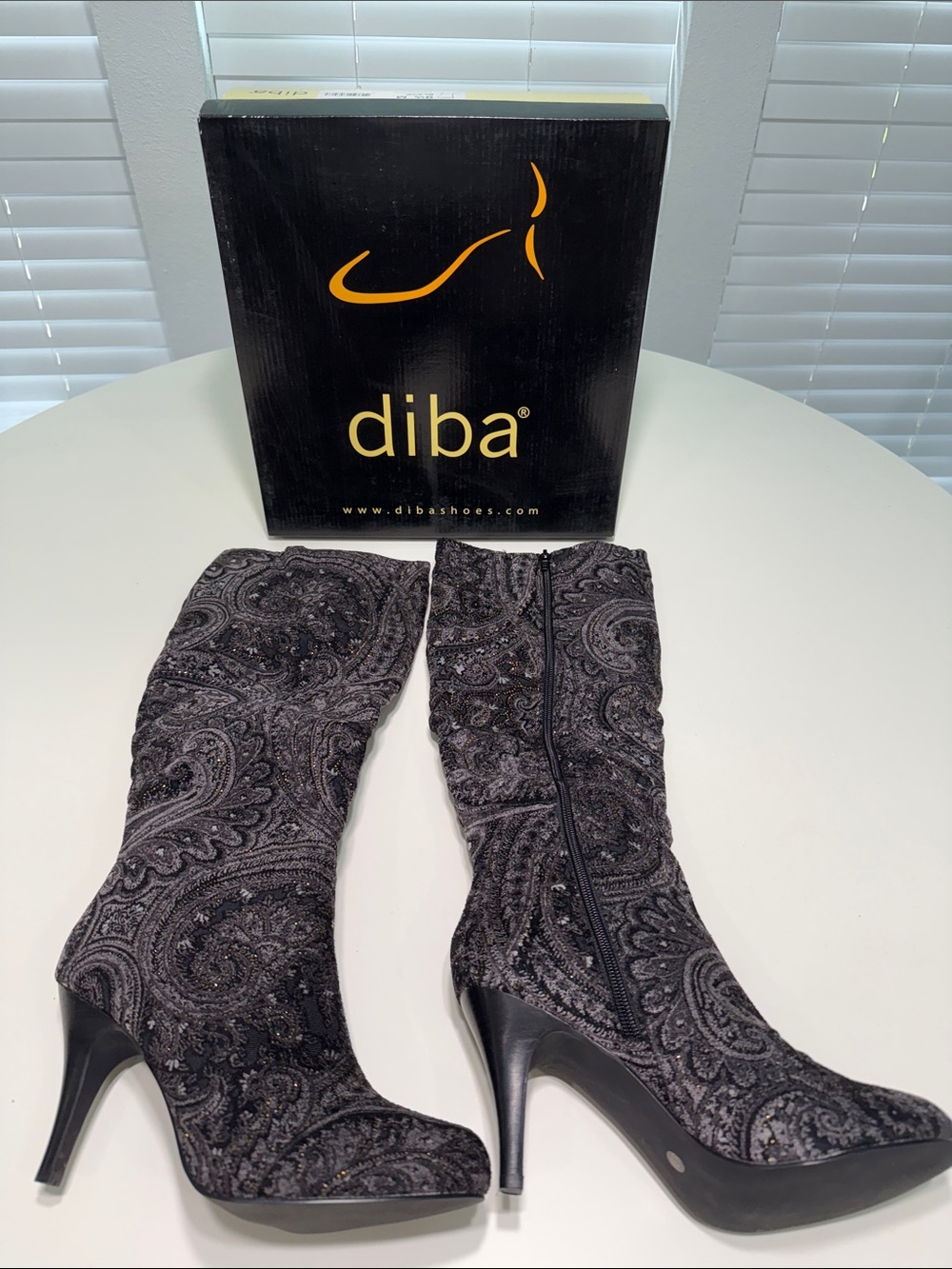 diba Low Tilda Mid-Calf Heeled Boots with Side Zip in Black/Gray Paisley